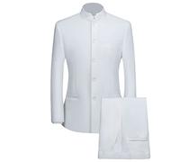 Men 2 Pieces Chinese Tunic Suit Mandarin Collar Blazer Set Button Jacket Pant Set Traditional Uniform Groom Dress, White, M