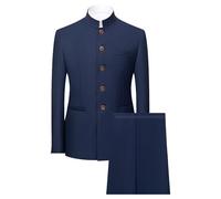 Men 2 Pieces Chinese Tunic Suit Mandarin Collar Blazer Set Button Jacket Pant Set Traditional Uniform Groom Dress (royal blueA1,Medium)