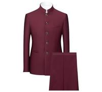 Men 2 Pieces Chinese Tunic Suit Mandarin Collar Blazer Set Button Jacket Pant Set Traditional Uniform Groom Dress (wine redA1,X-Large)