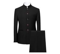 Men 2 Pieces Chinese Tunic Suit Mandarin Collar Blazer Set Button Jacket Pant Set Traditional Uniform Groom Dress (blackA1,Large)