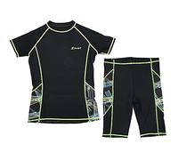 Men 2 Pieces Wetsuit Short Sleeve Shirt Swim Shorts Set Elastic Comfortable UV Protection for Diving Surfing Swimming Polyamide Fiber Fluorescent Green Edge (XXL)