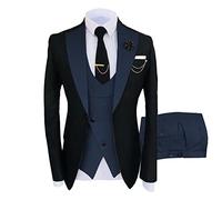 Men 3-Piece Suit Shawl Lapel Tuxedo One Button Jacket Blazer Vest Pants Set Slim Elegant Dinner Prom Wedding Dress Suit (Dark Blue,L)