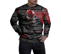 Men 3D Skull Printed Pullover Fashion Letter Print Round Neck Hoodies Motorcycle Oil Print Sweatshirt Casual Loose Sportswear Top Red