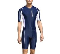 Men Adult Professional One-Piece Training Swimsuit Short Sleeve Round Neck Contrast Surf suit Swimwear Legsuit Plus Size Bodysuit Shorty Wetsuit Navy L
