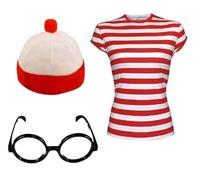 Men Adults Wally Book Week Red & White Striped Costume Set - T-Shirt, Hat, Nerd Glasses - Ideal for Stag Nights and Fancy Dress Parties (L)