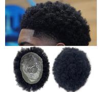 Men Afro Kinky Curly Toupee, Full Poly PU Skin Black Men Brazilian Hair Systems Hair Human Hairpiece 4mm Wavy Natural Looking(BLACK,15 * 20cm)