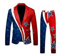 Men America Suits 2 Piece Slim Fit Single Breasted One-Button Tuxedo Suit Blazer Waistcoat Trousers Set for USA Independence Day Wedding Casual Formal Business Dinner Party (Red, M)