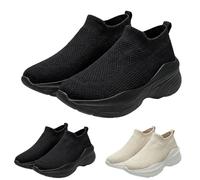 Men and Women Knit Shoes Breathable Mesh Trainers Thick-Soled Elevated Wedge Shoes Soft-Soled Casual Sneakers for Couple's Lightweight High Top Running Sports Shoe for Everyday Comfort Black
