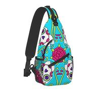 Men and Women Sling Bag Chest Daypack Rose Sugar Skull Dead Mexican Talavera Blue Shoulder Backpack Crossbody for Hiking Camping Running Large Capacity Anti-Theft Rucksack