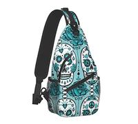 Men and Women Sling Bag Chest Daypack Turquoise Rose Sugar Skulls Shoulder Backpack Crossbody for Hiking Camping Running Large Capacity Anti-Theft Rucksack