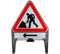 Men At Work With Arrow Left Supplementary Plate 750mm Triangle Road Sign 7001 - Plastic Temporary Road Street Traffic Safety Sign for Road and Street Works - Freestanding with Reflective Sign Face