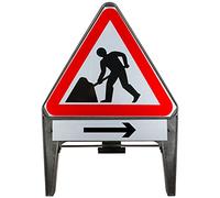 Men At Work With Arrow Right Supplementary Plate 750mm Triangle Road Sign 7001 - Plastic Temporary Road Street Traffic Safety Sign for Road and Street Works - Freestanding with Reflective Sign Face