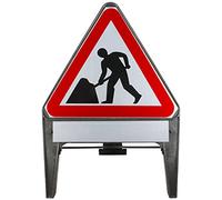 Men At Work With Blank Supplementary Plate 750mm Triangle Road Sign 7001 - Plastic Temporary Road Street Traffic Safety Sign for Road and Street Works - Freestanding with Reflective Sign Face