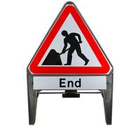 Men At Work With END Supplementary Plate 750mm Triangle Road Sign 7001 - Plastic Temporary Road Street Traffic Safety Sign for Road and Street Works - Freestanding with Reflective Sign Face