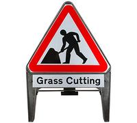 Men At Work With Grass Cutting Supplementary Plate 750mm Triangle Road Sign 7001 - Plastic Temporary Road Street Traffic Safety Sign for Road and Street Works - Freestanding with Reflective Sign Face