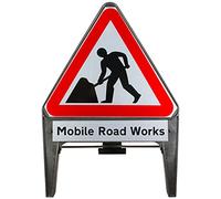 Men At Work With Mobile Road Works Supplementary Plate 750mm Triangle Road Sign 7001 - Plastic Temporary Road Street Traffic Safety Sign for Road and Street Works
