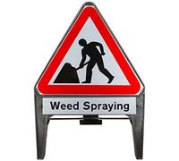 Men At Work With Weed Spraying Supplementary Plate 750mm Triangle Road Sign 7001 - Plastic Temporary Road Street Traffic Safety Sign for Road and Street Works - Freestanding with Reflective Sign Face