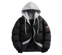 Men Autumn and Winter Solid Zipper Hooded Down Jacket Loose Causal Outdoor Bread Cotton Coats Tops Blouse Jacket Plus Size Cropped Puffer Jacket Slim Fit Lightweight Windbreaker Parka (11-Black, L)