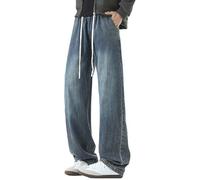 Men Baggy Straight Wide Leg Jeans Loose Fit Adjustable Drawstrings Elasticated Waist Denim Pants Casual Streetwear Skater Lightweight Trousers Leisure Workwear Carpenter Jean