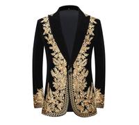 Men Black Velvet Blazer with Floral Branches Plants Embroidery Slim Fit Coats for Wedding Banquet Celebrations，Gold,XL