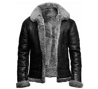 Men Black Vintage Leather Jacket Men Fleece Lined PU Overcoat Winter Fur Collar Faux Leather Coat Size XS-3XL