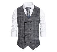 Men Blazer Waistcoat Slim Fit Double Breasted Retro Men Checked Waistcoat Classic V-Neck Sleeveless Men Basic Waistcoat With Pockets Urban Business Casual All-Match Men Waistcoat A-Grey1 L