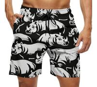 Men Board Surfing Shorts Rhino Pattern Black Running Sports Short Quick Dry Mens Beach Shorts for Swimmings, Surfings, Runnings L