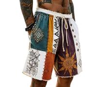 Men Boho Patchwork Shorts Vintage Tribal Print Drawstring Beach Shorts | Retro Frayed Summer Short Pants with Geometric Ethnic Pattern Vacation Walking Swim Trunks