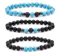 Men Bracelet Bead, Men Beaded Bracelet Black Lava Rock Blue 8mm Turquoise Three Piece Bracelet Bead Bracelets 8mm