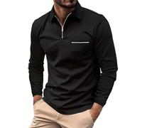 Men Business Polo Shirts - Long Sleeve Polo Shirt Premium Quality Casual Shirts Black Work Polo Shirtswith Chest Pocket Simple Sports Long-Sleeve Shirt Zip Up Polo Shirts Running Undershirt