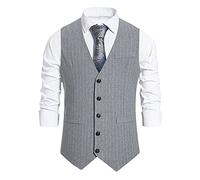 Men Business Suit Vest, Formal Dress Tuxedo Waistcoat, Sleeveless Pinstripe Single Breasted Button V Collar Viking Vests Tops, Lightweight Solid Color Casual Gothic Victorian Waistcoat Grey