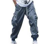 Men Cargo Trousers Black Fashion Cuffed Cargo Pants Elasticated Waist Drawstring Trousers Male Summer Cotton Solid Straight Leg Trousers Outdoor Sport Fitness Joggers with Multiple Pockets M-3XL