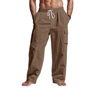 Men Casual Beach Trousers Linen for UK Yoga Pants Mens Cotton Solid Color Drawstring Elastic Waist with Pockets Warm Harem (Coffee, 3XL)