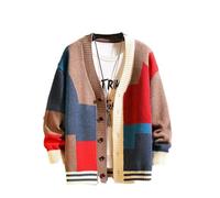 Men Casual Cardigan Knit Sweater The Men's Colorful Sweater Cardigan Splicing V-Neck Knitwear Jacket Clothing Red M