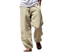 Men Casual Chino Trousers, Linen Loose Fit Summer Trousers, Straight Leg Drawstring Trousers, Lace-Up Beach Yoga Pants, Light Baggy Hippie Trousers, Cosy Breathable Sweatpants with Pocket Khaki