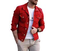 Men Casual Jacket Slim Fit Lapels Long Sleeve Jacket Spring Autumn Men Transition Jacket Pocket Decoration Solid Color Jacket Urban British Style Men Work Jacket A-Red M