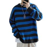 Men Casual Long Sleeve Striped Sweaters Oversized Knit Pullover Autumn Winter Fashion Sweater Jumpers Tops Black Blue