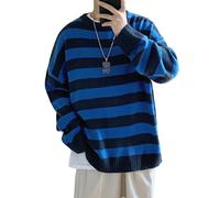 Men Casual Long Sleeve Striped Sweaters Oversized Knit Pullover Autumn Winter Fashion Sweater Jumpers Tops Black Blue