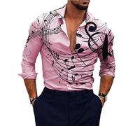 Men Casual Shirt Music Notes Printed Long Sleeve Shirts Fashion Vintage Note Pattern T Shirt Regular Button Hawaiian Beach Blouse Top Clothing Pink