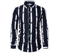 Men Casual Stripe Print Shirt Long Sleeve Turndown Collar Blouse Shirt Y Shirt (Navy-b, M)