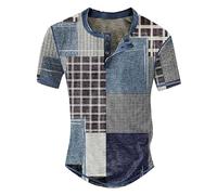 Men Casual Tops Long T Shirts Red with White Blouse Personalised Gifts Wedding Men's T Shirt Button Neck Short Sleeved Casual Top Striped Plaid Retro Western Denim Print Top Sale Clearance