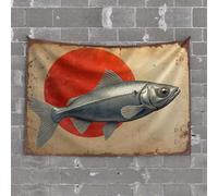 Men Cave Decor Metallic Fish Against A Red Circle Background Tapestry Funny Bedroom Decor Beer Decorations for Man Cave(75X100CM)