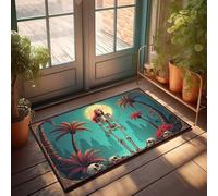 Men Cave Decor Skeleton With Red Hair Standing In Front Of Palm Trees Under A Fu Doormat Outdoor Door Mats For Front Door Farmhouse Welcome(40X60CM)