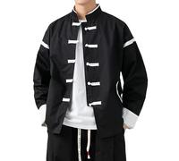 Men Chinese Style Hanfu Tops Pants Traditional Ethnic Kung Fu Jackets Trousers Cotton Linen T-Shirt Oriental Clothing Black 3XL