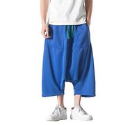 Men Chinese Style Wide-Leg Pants Men Hanging Crotch Hip Hop Bloomers Skirt Pants Loose Calf Lenght Trousers Blue 5XL