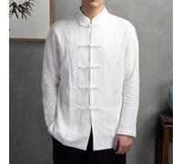 Men Chinese Tang Suit Jacket Traditional Kung Fu Uniform Top with Mandarin Collar Linen Cotton Blend Shirt for Tai Chi Practice Casual Asian Style Button Up(2XL White)