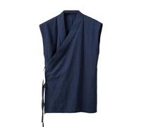 Men Chinese Traditional Vest Linen Cotton Sleeveless Tank Men's Kimono Cardigan Slit Top Navy Blue