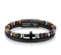 Men Christian Religious Cross Bracelet - Personalised Bracelet Philippians 4:13 Hematite Tiger Eye Bead Black Agate Leather Stainless Steel Jewellery Gift for Men Son Dad Easter God Jesus Bracelet