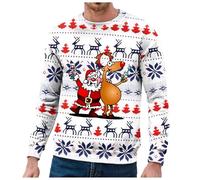 Men Christmas Crewneck Sweatshirt Novelty 3D Graphic Long Sleeve Christmas Sweatshirt Mens Ladies Rude Funny Novelty Personalised Reindeer Santa Christmas Jumper Pullover Red