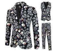 Men Christmas Suit Funny Snow Falke Santa Print 3 Piece Tuxedo Suits Single Breasted Blazer Jacket Vest and Pants Plus Size Ugly Xmas Costume (E-01, 4XL)